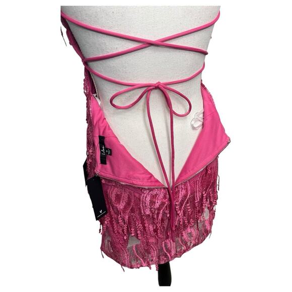 New Lulus Dress Womens M Making Magic Fringe Lace Up Mini Overlay Bright Pink - Picture 6 of 16